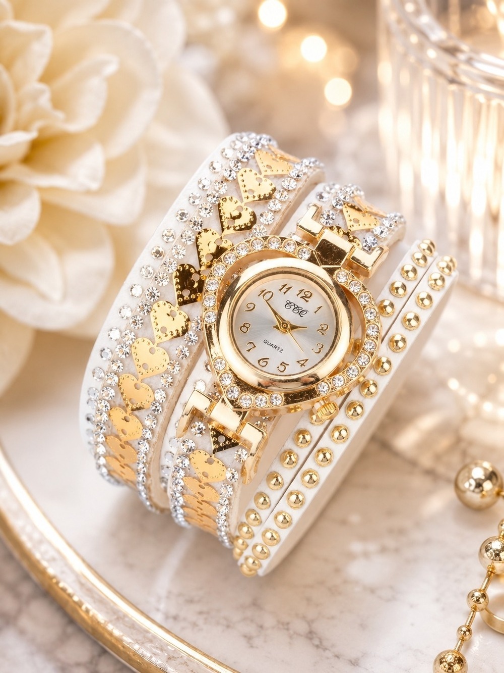 White Gold Heart Accent Wrap Watch Bracelet- Battery Included